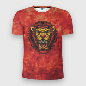 Мужская футболка 3D Slim с принтом Пламенный красный лев в Кировске, 100% полиэстер с улучшенными характеристиками | приталенный силуэт, круглая горловина, широкие плечи, сужается к линии бедра | Тематика изображения на принте: 