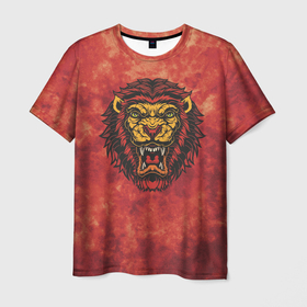 Мужская футболка 3D с принтом Пламенный красный лев , 100% полиэфир | прямой крой, круглый вырез горловины, длина до линии бедер | 