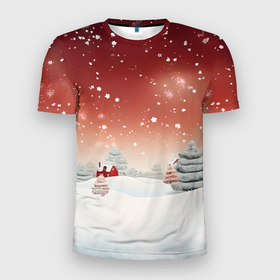 Мужская футболка 3D Slim с принтом Огни рождественского города в Кировске, 100% полиэстер с улучшенными характеристиками | приталенный силуэт, круглая горловина, широкие плечи, сужается к линии бедра | 