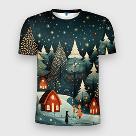 Мужская футболка 3D Slim с принтом Новогоднее настроение в деревне в Петрозаводске, 100% полиэстер с улучшенными характеристиками | приталенный силуэт, круглая горловина, широкие плечи, сужается к линии бедра | 