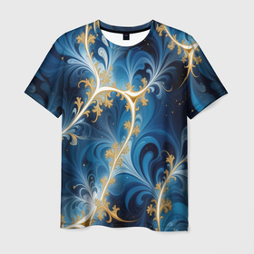 Мужская футболка 3D с принтом Глубокая синева и золотые узоры в Кировске, 100% полиэфир | прямой крой, круглый вырез горловины, длина до линии бедер | 