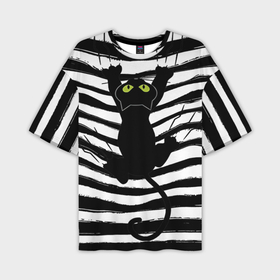 Мужская футболка oversize 3D с принтом Чёрный кот съезжает с полосок черно белой тельняшки в Санкт-Петербурге,  |  | Тематика изображения на принте: 