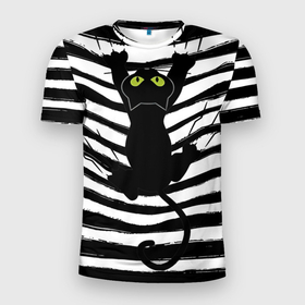 Мужская футболка 3D Slim с принтом Чёрный кот съезжает с полосок черно белой тельняшки , 100% полиэстер с улучшенными характеристиками | приталенный силуэт, круглая горловина, широкие плечи, сужается к линии бедра | Тематика изображения на принте: 