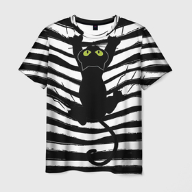 Мужская футболка 3D с принтом Чёрный кот съезжает с полосок черно белой тельняшки в Белгороде, 100% полиэфир | прямой крой, круглый вырез горловины, длина до линии бедер | 
