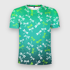 Мужская футболка 3D Slim с принтом Белые и ядовито зелёные стрекозы в Санкт-Петербурге, 100% полиэстер с улучшенными характеристиками | приталенный силуэт, круглая горловина, широкие плечи, сужается к линии бедра | 