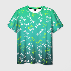 Мужская футболка 3D с принтом Белые и ядовито зелёные стрекозы в Новосибирске, 100% полиэфир | прямой крой, круглый вырез горловины, длина до линии бедер | 