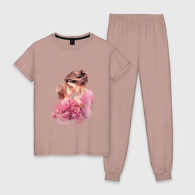 Женская пижама хлопок с принтом Мамина нежность , 100% хлопок | брюки и футболка прямого кроя, без карманов, на брюках мягкая резинка на поясе и по низу штанин | 