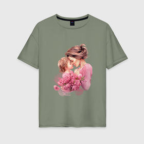 Женская футболка хлопок Oversize с принтом Мамина нежность в Тюмени, 100% хлопок | свободный крой, круглый ворот, спущенный рукав, длина до линии бедер
 | 