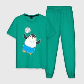 Мужская пижама хлопок с принтом Пингвин волейболист в Новосибирске, 100% хлопок | брюки и футболка прямого кроя, без карманов, на брюках мягкая резинка на поясе и по низу штанин
 | Тематика изображения на принте: 