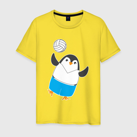 Мужская футболка хлопок с принтом Пингвин волейболист в Курске, 100% хлопок | прямой крой, круглый вырез горловины, длина до линии бедер, слегка спущенное плечо. | Тематика изображения на принте: 