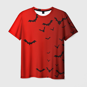 Мужская футболка 3D с принтом Летучие мыши на красном фоне в Кировске, 100% полиэфир | прямой крой, круглый вырез горловины, длина до линии бедер | 