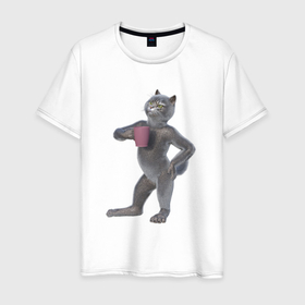 Мужская футболка хлопок с принтом Мечтательный кот с кружкой в Курске, 100% хлопок | прямой крой, круглый вырез горловины, длина до линии бедер, слегка спущенное плечо. | 