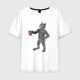 Мужская футболка хлопок Oversize с принтом Кот с кружкой в руке в Белгороде, 100% хлопок | свободный крой, круглый ворот, “спинка” длиннее передней части | Тематика изображения на принте: 