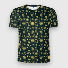 Мужская футболка 3D Slim с принтом Декоративные снежинки с золотым блеском в Санкт-Петербурге, 100% полиэстер с улучшенными характеристиками | приталенный силуэт, круглая горловина, широкие плечи, сужается к линии бедра | 