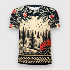 Мужская футболка 3D Slim с принтом Новогодний лес с узорами в Тюмени, 100% полиэстер с улучшенными характеристиками | приталенный силуэт, круглая горловина, широкие плечи, сужается к линии бедра | 
