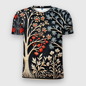 Мужская футболка 3D Slim с принтом Новогодние узоры и деревья в Тюмени, 100% полиэстер с улучшенными характеристиками | приталенный силуэт, круглая горловина, широкие плечи, сужается к линии бедра | 