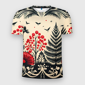 Мужская футболка 3D Slim с принтом Новогодние деревья и узоры в Тюмени, 100% полиэстер с улучшенными характеристиками | приталенный силуэт, круглая горловина, широкие плечи, сужается к линии бедра | 