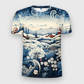Мужская футболка 3D Slim с принтом Зимний лес новогодний узор в Новосибирске, 100% полиэстер с улучшенными характеристиками | приталенный силуэт, круглая горловина, широкие плечи, сужается к линии бедра | Тематика изображения на принте: 