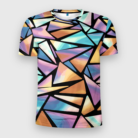 Мужская футболка 3D Slim с принтом Радужные треугольники   кристаллы голографические в Екатеринбурге, 100% полиэстер с улучшенными характеристиками | приталенный силуэт, круглая горловина, широкие плечи, сужается к линии бедра | Тематика изображения на принте: 