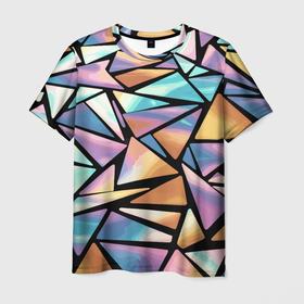 Мужская футболка 3D с принтом Радужные треугольники   кристаллы голографические в Екатеринбурге, 100% полиэфир | прямой крой, круглый вырез горловины, длина до линии бедер | 