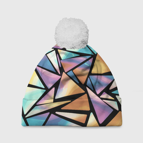 Шапка 3D c помпоном с принтом Радужные треугольники   кристаллы голографические в Екатеринбурге, 100% полиэстер | универсальный размер, печать по всей поверхности изделия | Тематика изображения на принте: 