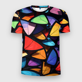 Мужская футболка 3D Slim с принтом Крылья бабочки кислотного цвета в Екатеринбурге, 100% полиэстер с улучшенными характеристиками | приталенный силуэт, круглая горловина, широкие плечи, сужается к линии бедра | 
