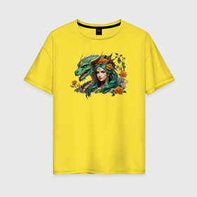 Женская футболка хлопок Oversize с принтом Девушка с драконом 2024 в Кировске, 100% хлопок | свободный крой, круглый ворот, спущенный рукав, длина до линии бедер
 | 