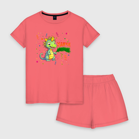 Женская пижама с шортиками хлопок с принтом Новогодний дракон желает удачи , 100% хлопок | футболка прямого кроя, шорты свободные с широкой мягкой резинкой | 