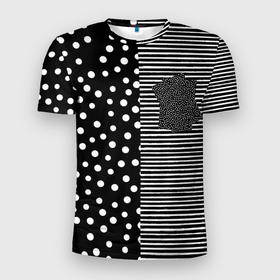 Мужская футболка 3D Slim с принтом Мелкая полоска  и белый горошек на чёрном в Тюмени, 100% полиэстер с улучшенными характеристиками | приталенный силуэт, круглая горловина, широкие плечи, сужается к линии бедра | Тематика изображения на принте: 