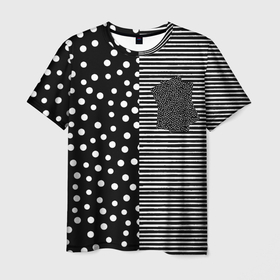 Мужская футболка 3D с принтом Мелкая полоска  и белый горошек на чёрном в Петрозаводске, 100% полиэфир | прямой крой, круглый вырез горловины, длина до линии бедер | 