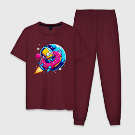 Мужская пижама хлопок с принтом Барт Симпсон на ракете пончике   нейросеть , 100% хлопок | брюки и футболка прямого кроя, без карманов, на брюках мягкая резинка на поясе и по низу штанин
 | Тематика изображения на принте: 