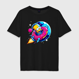 Мужская футболка хлопок Oversize с принтом Барт Симпсон на ракете пончике   нейросеть , 100% хлопок | свободный крой, круглый ворот, “спинка” длиннее передней части | 