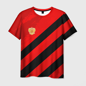 Мужская футболка 3D с принтом Герб РФ   красная абстракция в Петрозаводске, 100% полиэфир | прямой крой, круглый вырез горловины, длина до линии бедер | 