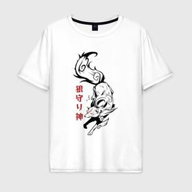 Мужская футболка хлопок Oversize с принтом Японский волк хранитель в Санкт-Петербурге, 100% хлопок | свободный крой, круглый ворот, “спинка” длиннее передней части | Тематика изображения на принте: 