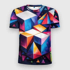 Мужская футболка 3D Slim с принтом Кубы и треугольники абстракция в Санкт-Петербурге, 100% полиэстер с улучшенными характеристиками | приталенный силуэт, круглая горловина, широкие плечи, сужается к линии бедра | 