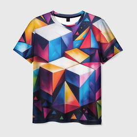 Мужская футболка 3D с принтом Кубы и треугольники абстракция в Санкт-Петербурге, 100% полиэфир | прямой крой, круглый вырез горловины, длина до линии бедер | 