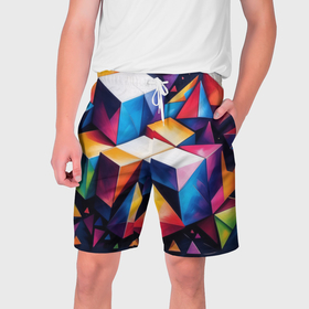 Мужские шорты 3D с принтом Кубы и треугольники абстракция в Санкт-Петербурге,  полиэстер 100% | прямой крой, два кармана без застежек по бокам. Мягкая трикотажная резинка на поясе, внутри которой широкие завязки. Длина чуть выше колен | 