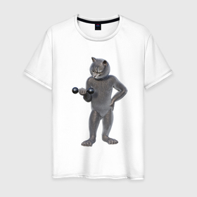 Мужская футболка хлопок с принтом Кот с гантелей в Белгороде, 100% хлопок | прямой крой, круглый вырез горловины, длина до линии бедер, слегка спущенное плечо. | 