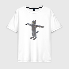 Мужская футболка хлопок Oversize с принтом Кот с гантелями в стороны в Белгороде, 100% хлопок | свободный крой, круглый ворот, “спинка” длиннее передней части | 