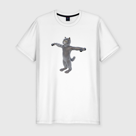 Мужская футболка хлопок Slim с принтом Кот с гантелями в стороны в Тюмени, 92% хлопок, 8% лайкра | приталенный силуэт, круглый вырез ворота, длина до линии бедра, короткий рукав | 