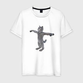 Мужская футболка хлопок с принтом Кот с гантелями в стороны в Белгороде, 100% хлопок | прямой крой, круглый вырез горловины, длина до линии бедер, слегка спущенное плечо. | 
