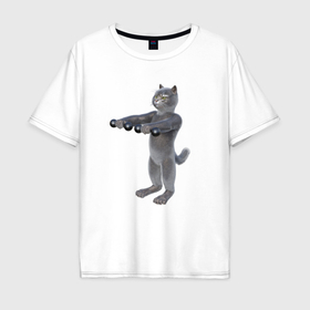 Мужская футболка хлопок Oversize с принтом Кот с гантелями вперёд в Белгороде, 100% хлопок | свободный крой, круглый ворот, “спинка” длиннее передней части | 