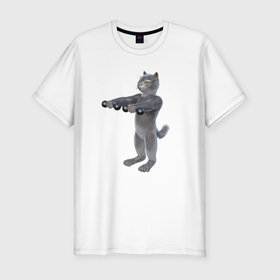 Мужская футболка хлопок Slim с принтом Кот с гантелями вперёд в Белгороде, 92% хлопок, 8% лайкра | приталенный силуэт, круглый вырез ворота, длина до линии бедра, короткий рукав | 