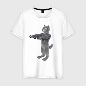 Мужская футболка хлопок с принтом Кот с гантелями вперёд в Екатеринбурге, 100% хлопок | прямой крой, круглый вырез горловины, длина до линии бедер, слегка спущенное плечо. | 