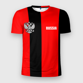Мужская футболка 3D Slim с принтом Красный и черный   герб РФ в Тюмени, 100% полиэстер с улучшенными характеристиками | приталенный силуэт, круглая горловина, широкие плечи, сужается к линии бедра | 