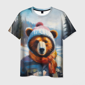 Мужская футболка 3D с принтом Бурый медведь в зимней одежде в Петрозаводске, 100% полиэфир | прямой крой, круглый вырез горловины, длина до линии бедер | 