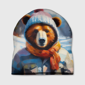 Шапка 3D с принтом Бурый медведь в зимней одежде , 100% полиэстер | универсальный размер, печать по всей поверхности изделия | 