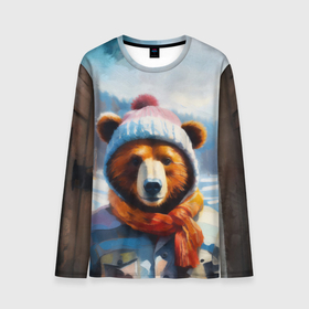 Мужской лонгслив 3D с принтом Бурый медведь в зимней одежде в Санкт-Петербурге, 100% полиэстер | длинные рукава, круглый вырез горловины, полуприлегающий силуэт | 