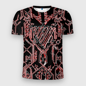 Мужская футболка 3D Slim с принтом Чёрные линии с красной обводкой в Санкт-Петербурге, 100% полиэстер с улучшенными характеристиками | приталенный силуэт, круглая горловина, широкие плечи, сужается к линии бедра | 