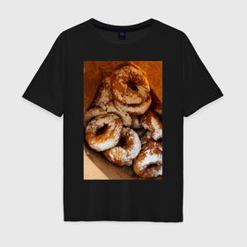 Мужская футболка хлопок Oversize с принтом Пончики в сахарной пудре в Петрозаводске, 100% хлопок | свободный крой, круглый ворот, “спинка” длиннее передней части | 